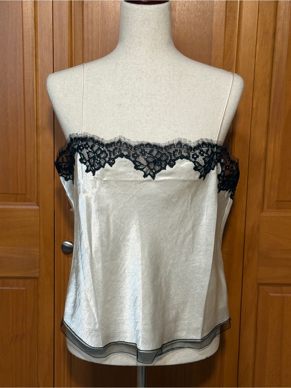 J. Crew Cream Textured Satin Cami with Black Lace Trim